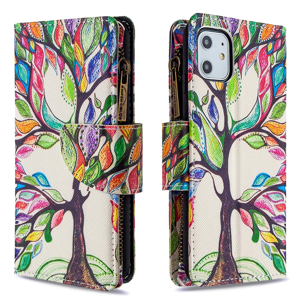 Pattern Printing Zipper Wallet Leather Case Shell for Apple iPhone 11 6.1 inch - Color Tree-6
