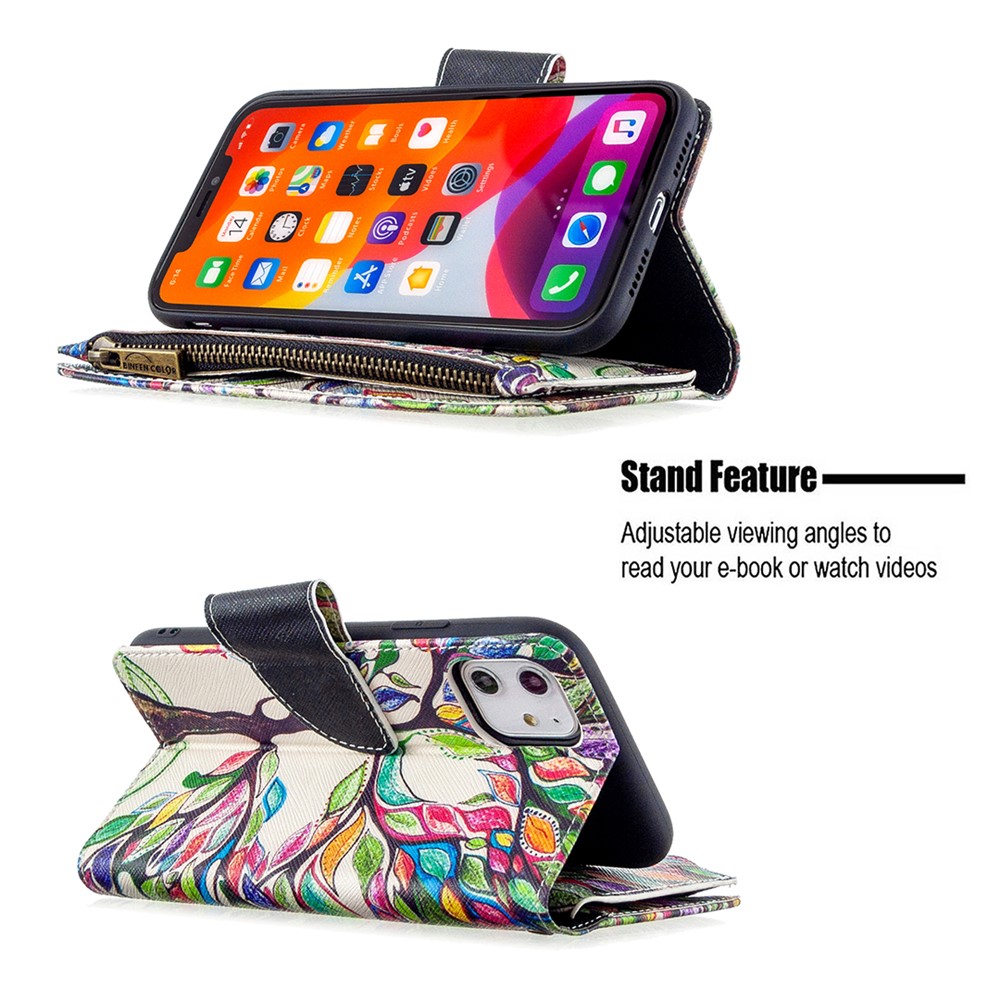 Pattern Printing Zipper Wallet Leather Case Shell for Apple iPhone 11 6.1 inch - Color Tree-7