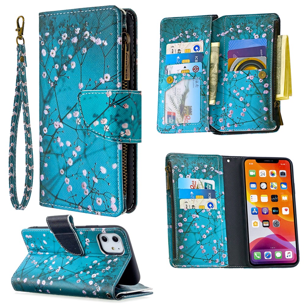 Pattern Printing Zipper Wallet Leather Case Shell for Apple iPhone 11 6.1 inch - White Flowers-1