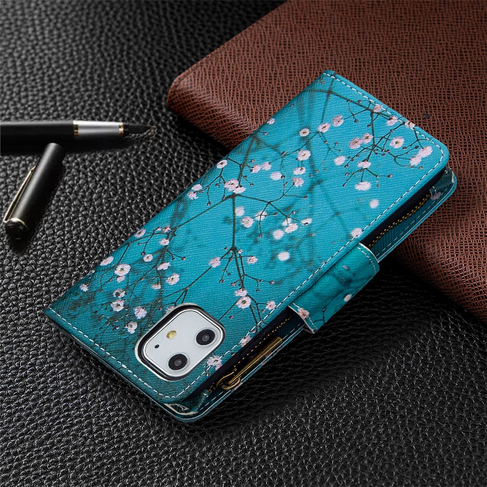 Pattern Printing Zipper Wallet Leather Case Shell for Apple iPhone 11 6.1 inch - White Flowers-3