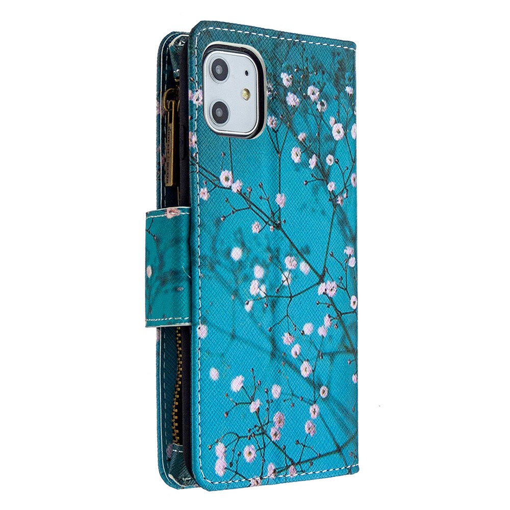 Pattern Printing Zipper Wallet Leather Case Shell for Apple iPhone 11 6.1 inch - White Flowers-5