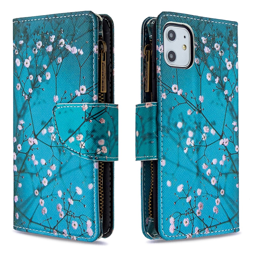 Pattern Printing Zipper Wallet Leather Case Shell for Apple iPhone 11 6.1 inch - White Flowers-6