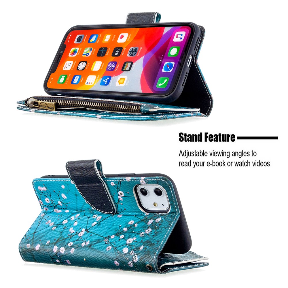 Pattern Printing Zipper Wallet Leather Case Shell for Apple iPhone 11 6.1 inch - White Flowers-7