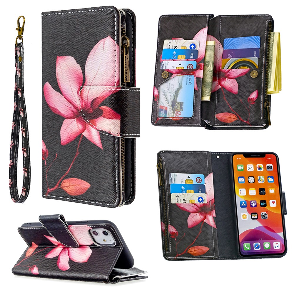 Pattern Printing Zipper Wallet Leather Case Shell for Apple iPhone 11 6.1 inch - Lotus-1