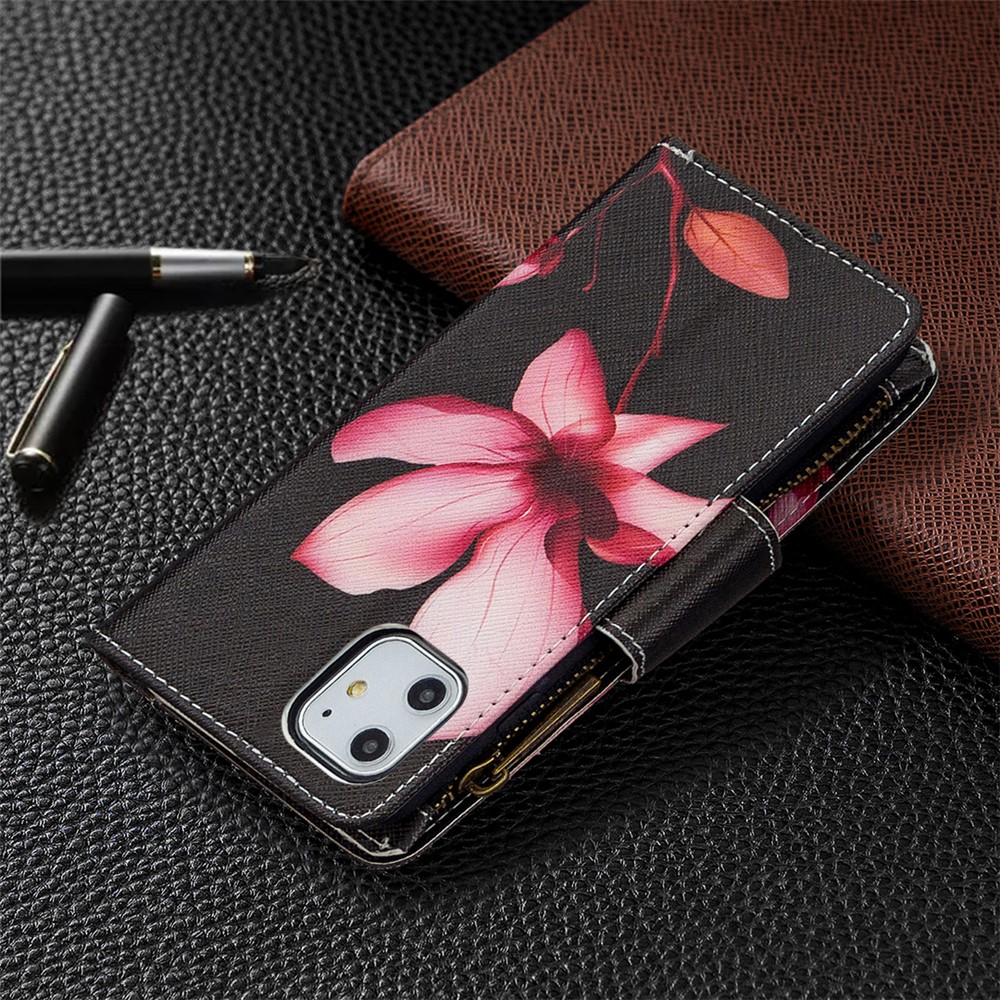 Pattern Printing Zipper Wallet Leather Case Shell for Apple iPhone 11 6.1 inch - Lotus-3