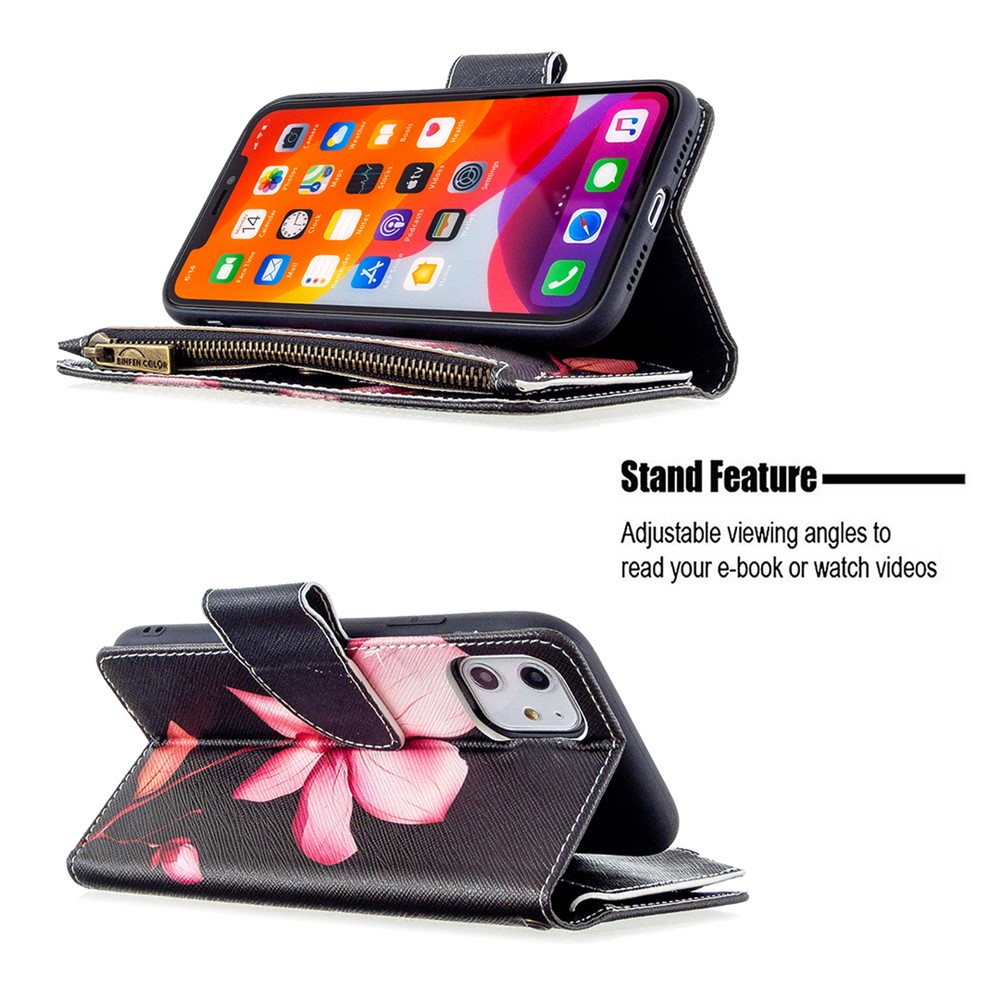 Pattern Printing Zipper Wallet Leather Case Shell for Apple iPhone 11 6.1 inch - Lotus-7