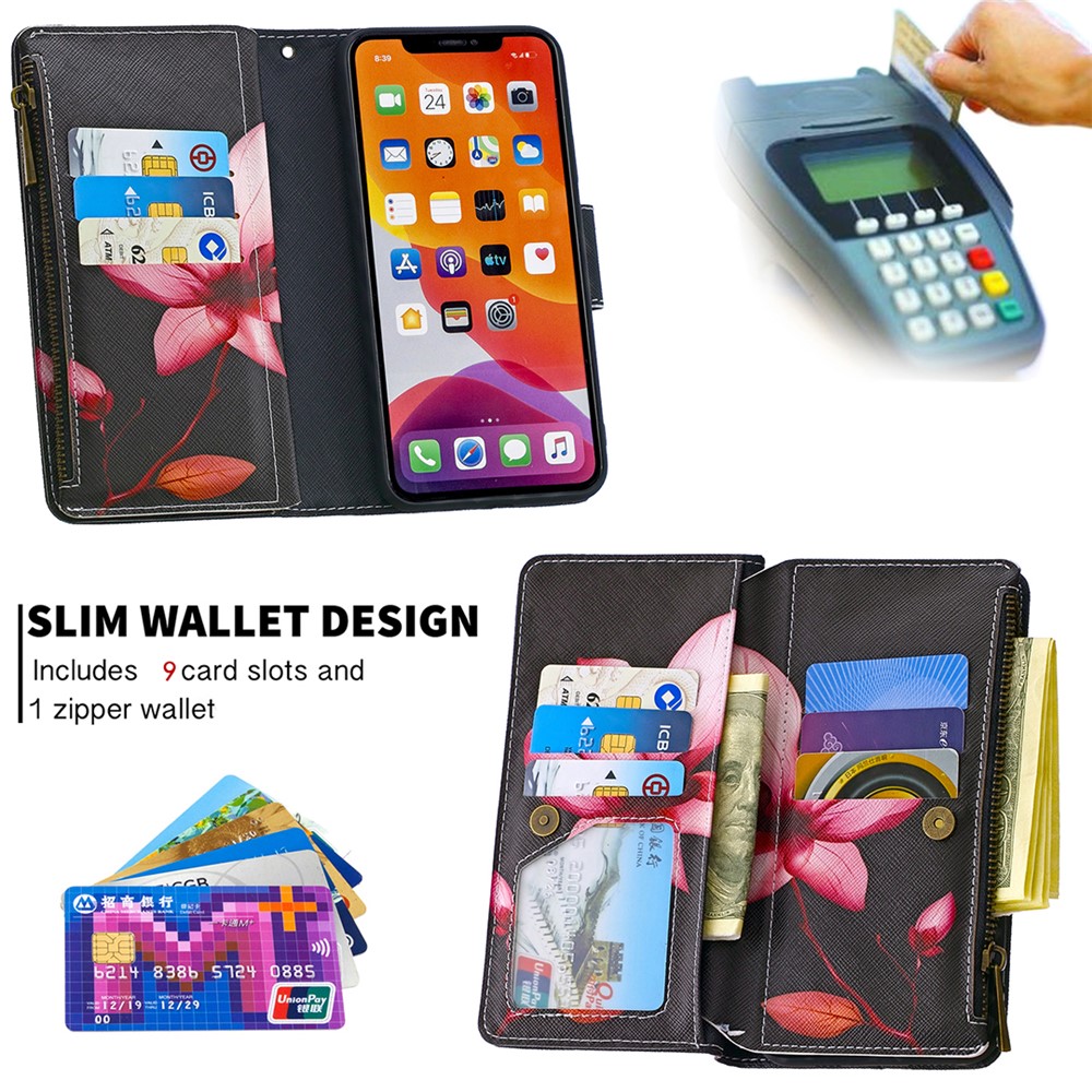 Pattern Printing Zipper Wallet Leather Case Shell for Apple iPhone 11 6.1 inch - Lotus-8