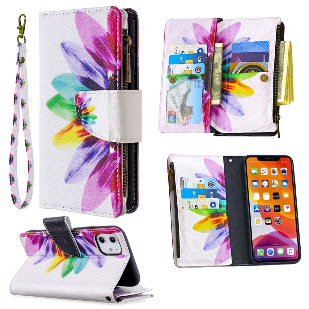 Pattern Printing Zipper Wallet Leather Case Shell for Apple iPhone 11 6.1 inch - Colorful Petals-1