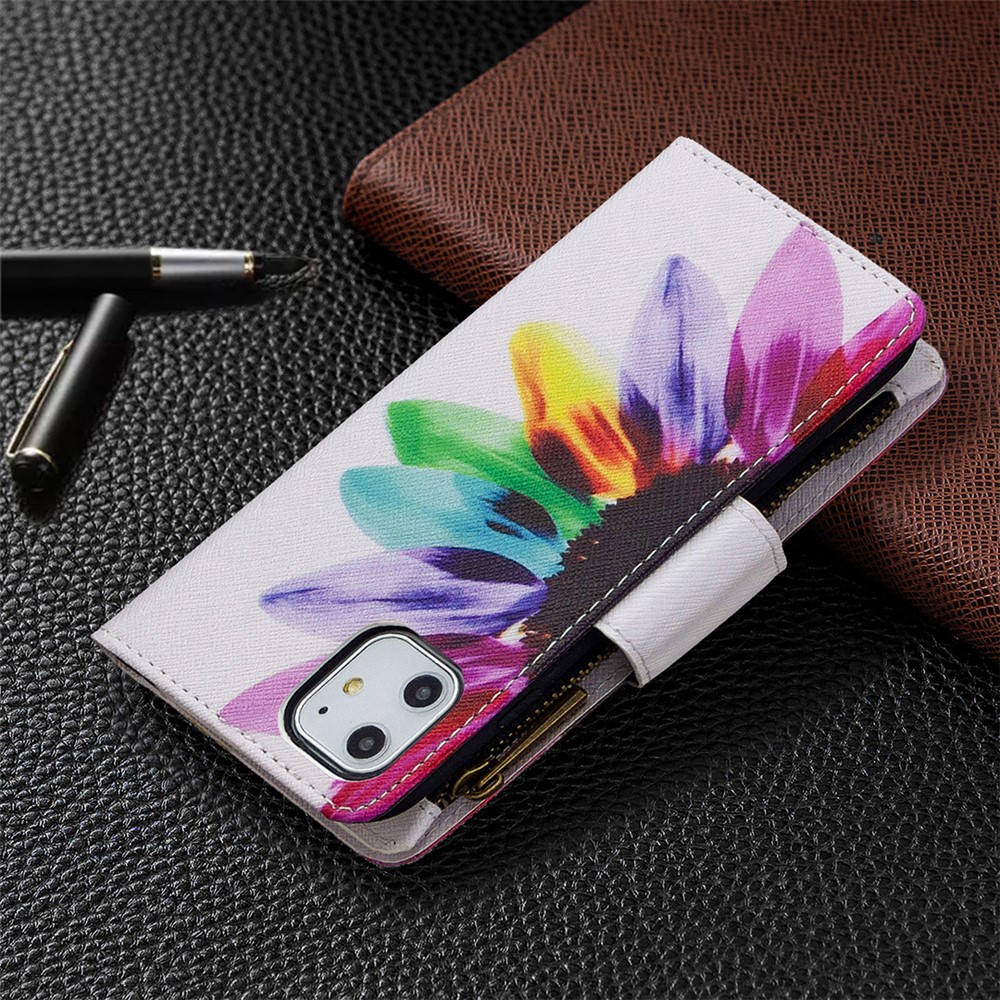 Pattern Printing Zipper Wallet Leather Case Shell for Apple iPhone 11 6.1 inch - Colorful Petals-3