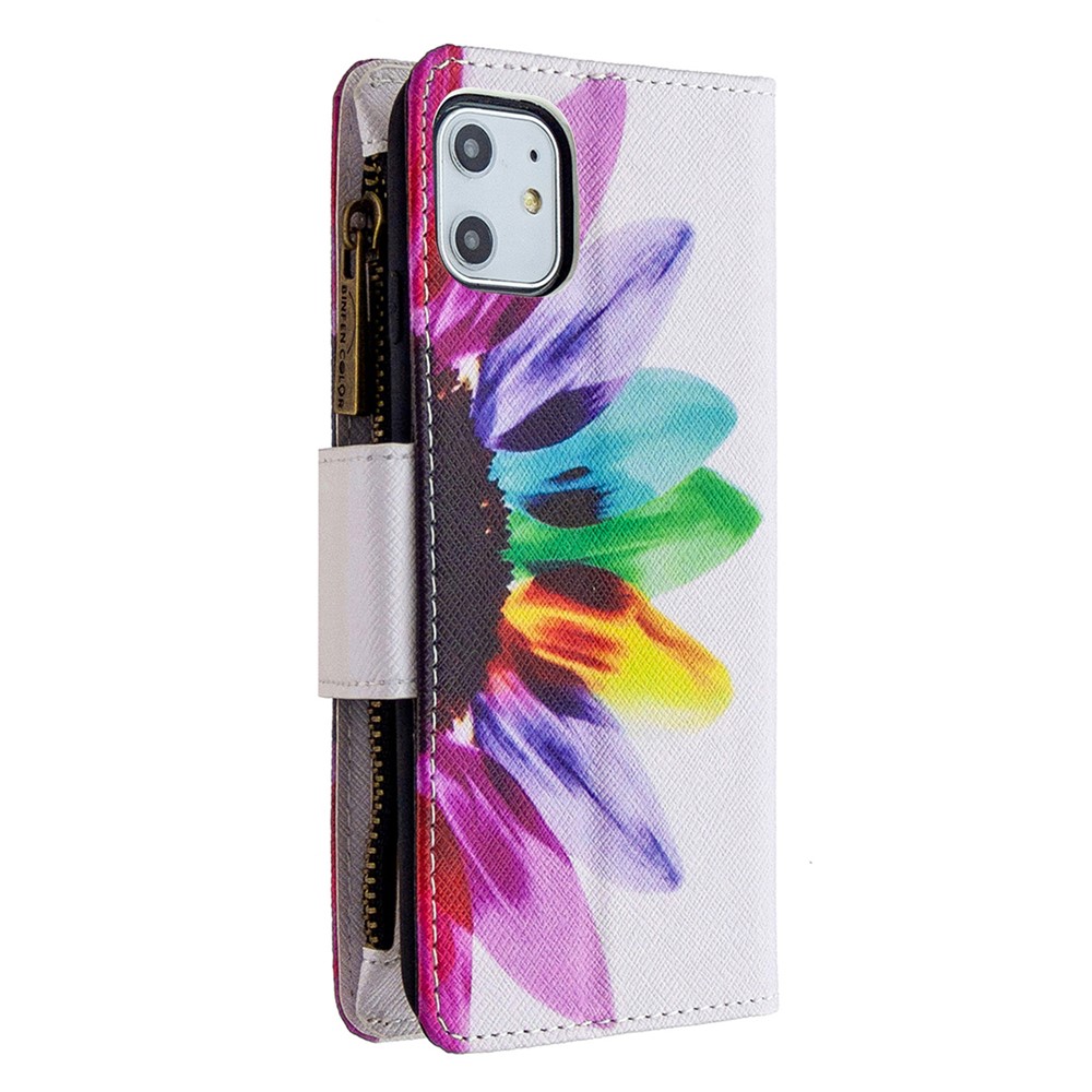 Pattern Printing Zipper Wallet Leather Case Shell for Apple iPhone 11 6.1 inch - Colorful Petals-5