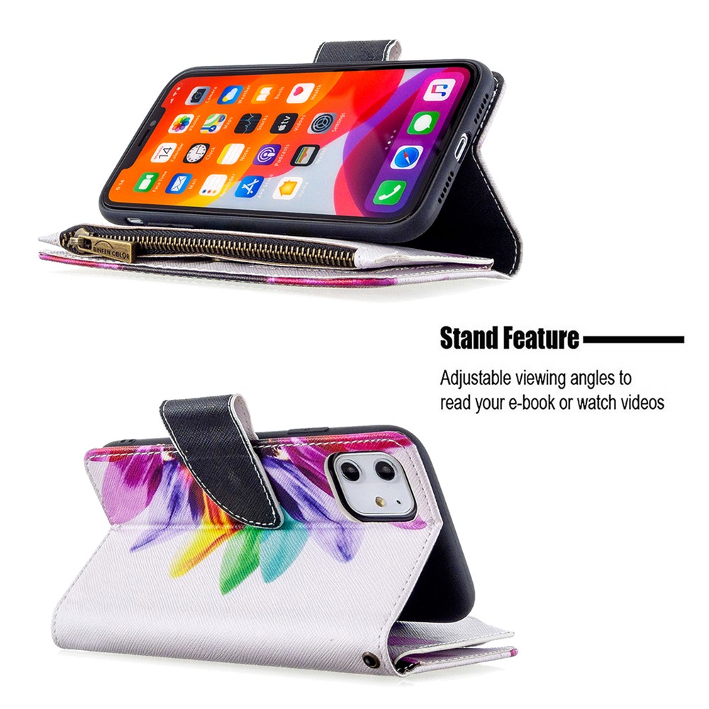 Pattern Printing Zipper Wallet Leather Case Shell for Apple iPhone 11 6.1 inch - Colorful Petals-7
