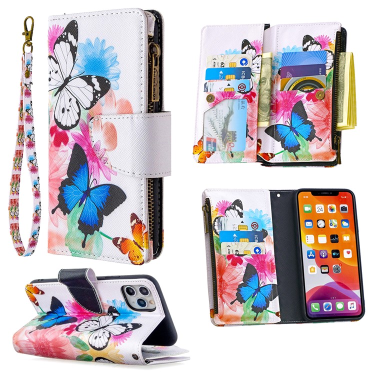 BF03 Pattern Printing Zipper Wallet Leather Phone Case for iPhone 11 Pro Max 6.5 inch - Blue and White Butterfly-1