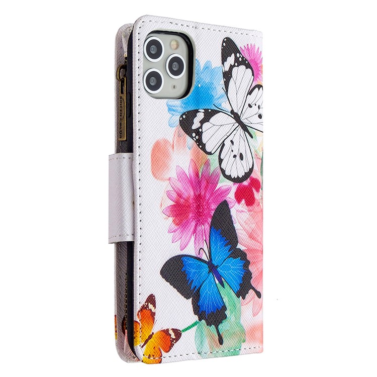 BF03 Pattern Printing Zipper Wallet Leather Phone Case for iPhone 11 Pro Max 6.5 inch - Blue and White Butterfly-5