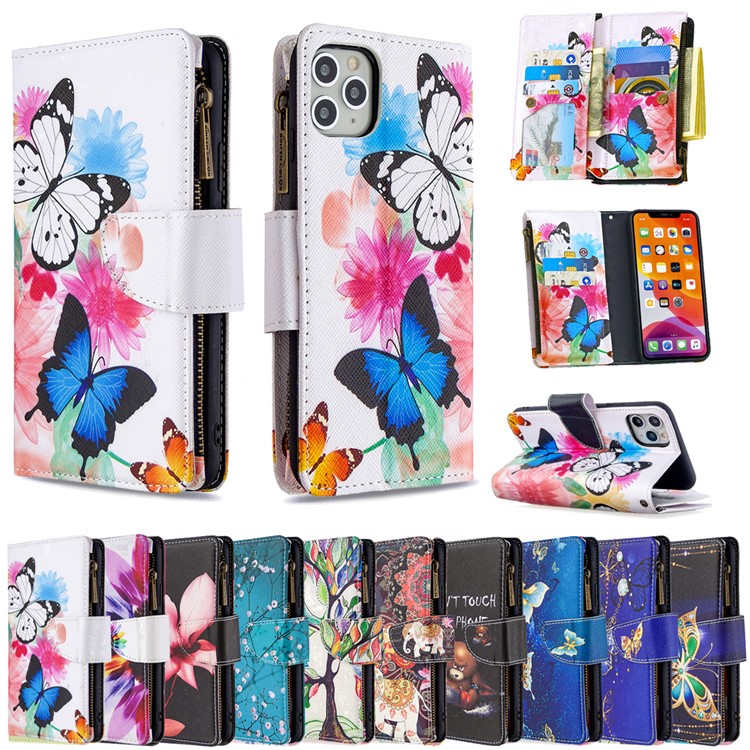 BF03 Pattern Printing Zipper Wallet Leather Phone Case for iPhone 11 Pro Max 6.5 inch - Blue and White Butterfly-9