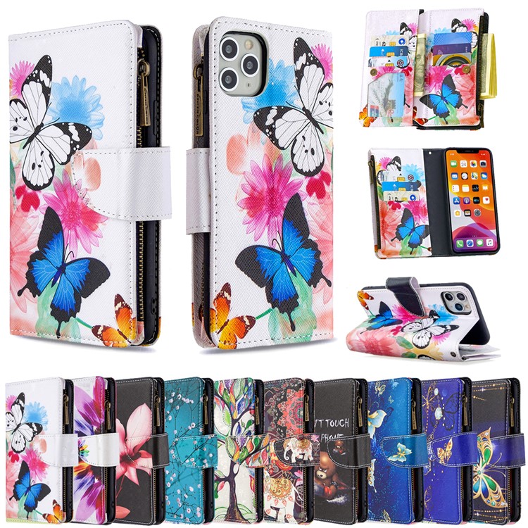 BF03 Pattern Printing Zipper Wallet Leather Phone Case for iPhone 11 Pro Max 6.5 inch - Blue and White Butterfly-9