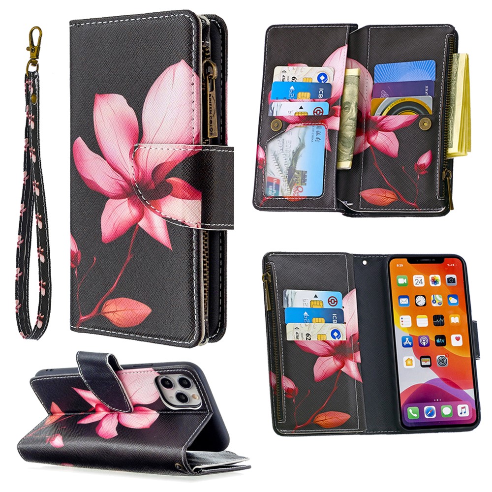 BF03 Musterdruck Zipper Brieftasche Leder Telefon Fall Für IPhone 11 Pro Max. 6.5 Zoll - Blume