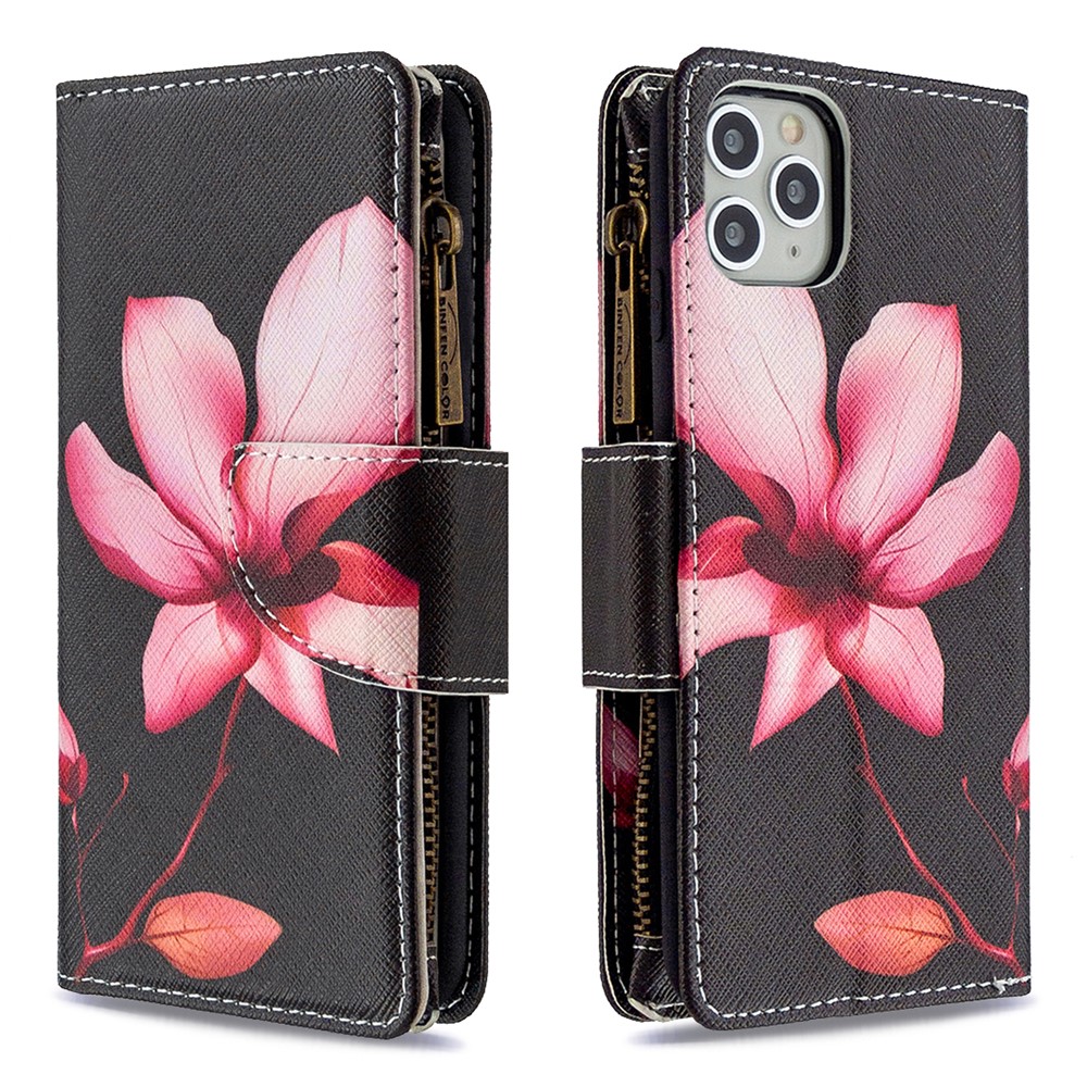 BF03 Padrão Impressão Zipper Carteira Capa De Telefone De Couro Para IPhone 11 Pro Max 6.5 Polegadas - Flor