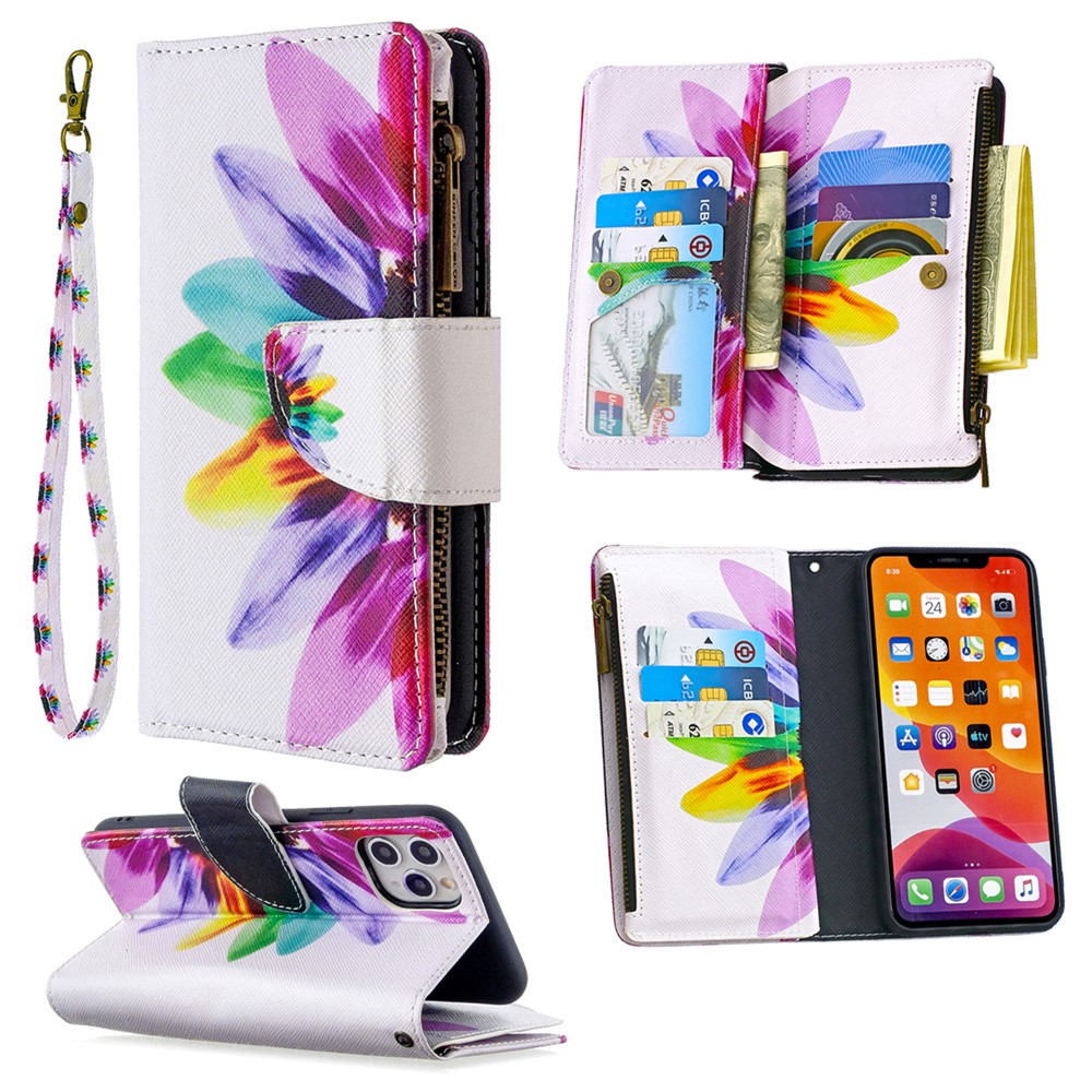 BF03 Pattern Printing Zipper Wallet Leather Phone Case for iPhone 11 Pro Max 6.5 inch - Colorful Petals-1