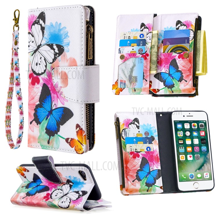 Patrón BF03 Impresión Cáscara Del Teléfono Cuero De La Carpeta De La Cremallera Para El IPhone Se (segunda Generación) / 8/7 - Azul Y Blanca De La Mariposa-1
