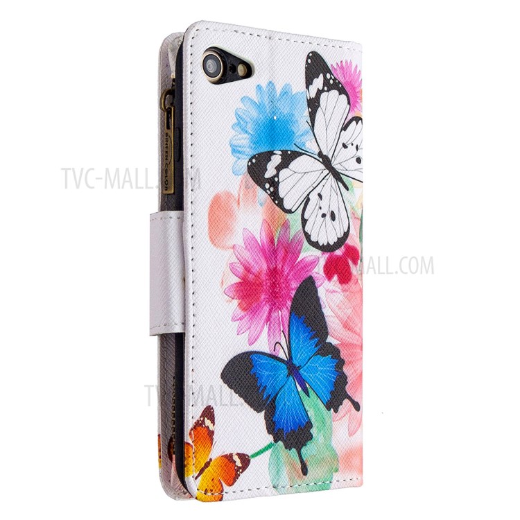 Patrón BF03 Impresión Cáscara Del Teléfono Cuero De La Carpeta De La Cremallera Para El IPhone Se (segunda Generación) / 8/7 - Azul Y Blanca De La Mariposa-5