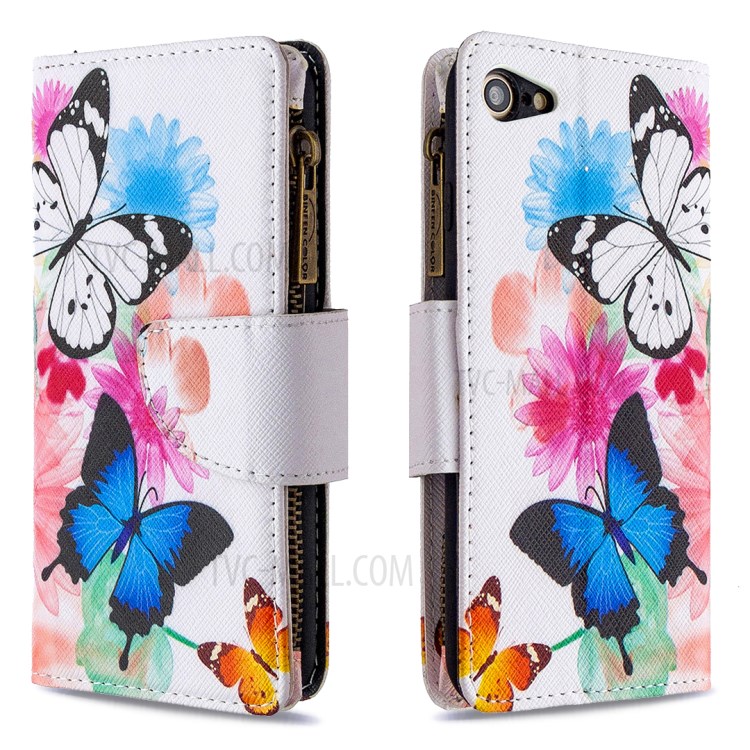 Patrón BF03 Impresión Cáscara Del Teléfono Cuero De La Carpeta De La Cremallera Para El IPhone Se (segunda Generación) / 8/7 - Azul Y Blanca De La Mariposa-6