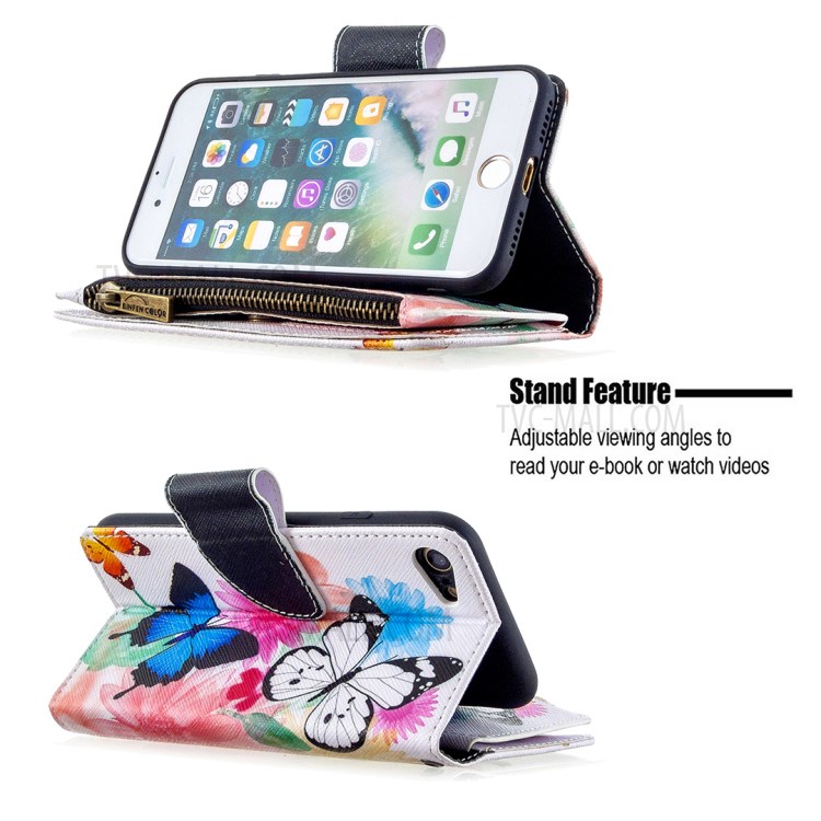 Patrón BF03 Impresión Cáscara Del Teléfono Cuero De La Carpeta De La Cremallera Para El IPhone Se (segunda Generación) / 8/7 - Azul Y Blanca De La Mariposa-7