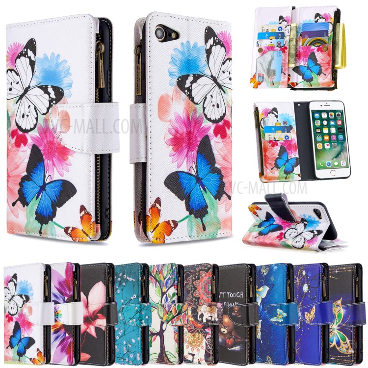 Patrón BF03 Impresión Cáscara Del Teléfono Cuero De La Carpeta De La Cremallera Para El IPhone Se (segunda Generación) / 8/7 - Azul Y Blanca De La Mariposa-9