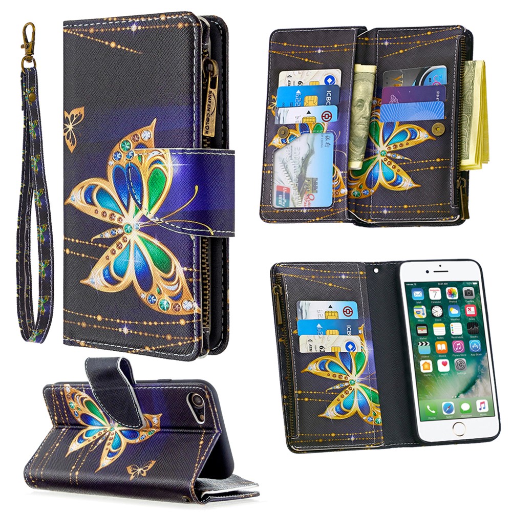 BF03 Pattern Printing Zipper Wallet Leather Phone Shell for iPhone SE (2nd Generation)/8/7 - Crystal Butterfly-1