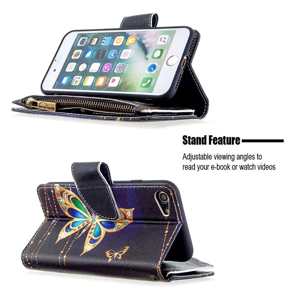 BF03 Pattern Printing Zipper Wallet Leather Phone Shell for iPhone SE (2nd Generation)/8/7 - Crystal Butterfly-7
