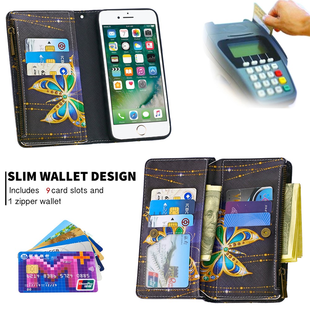 BF03 Pattern Printing Zipper Wallet Leather Phone Shell for iPhone SE (2nd Generation)/8/7 - Crystal Butterfly-8