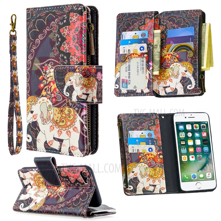 BF03 Pattern Printing Zipper Wallet Leather Phone Shell for iPhone SE (2nd Generation)/8/7 - Elephant-1