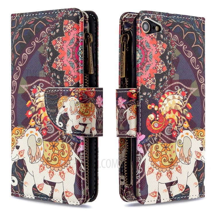 BF03 Pattern Printing Zipper Wallet Leather Phone Shell for iPhone SE (2nd Generation)/8/7 - Elephant-6