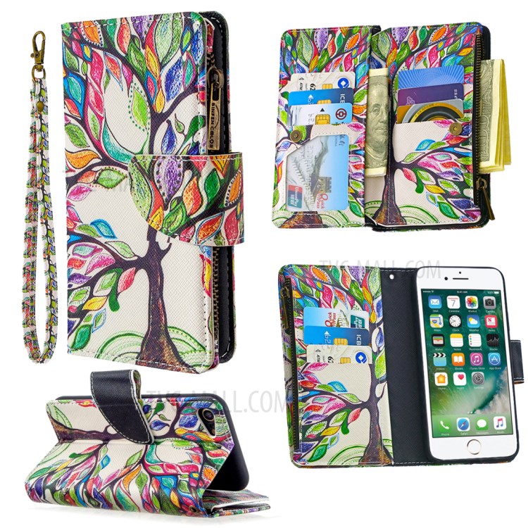 BF03 Pattern Printing Zipper Wallet Leather Phone Shell for iPhone SE (2nd Generation)/8/7 - Life Tree-1