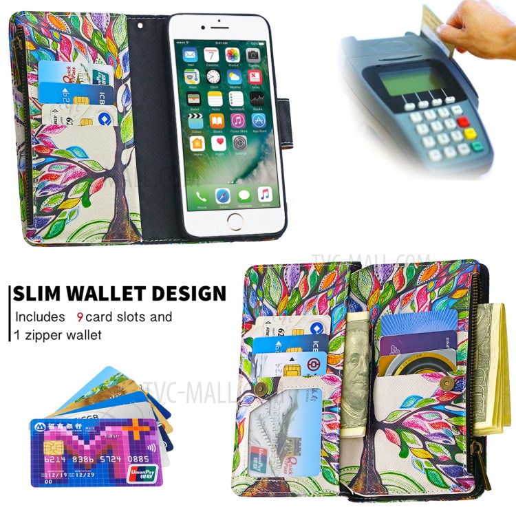 BF03 Pattern Printing Zipper Wallet Leather Phone Shell for iPhone SE (2nd Generation)/8/7 - Life Tree-8