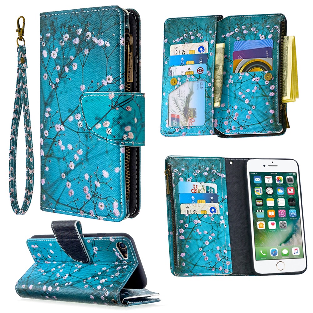 BF03 Pattern Printing Zipper Wallet Leather Phone Shell for iPhone SE (2nd Generation)/8/7 - Plum Blossom-1