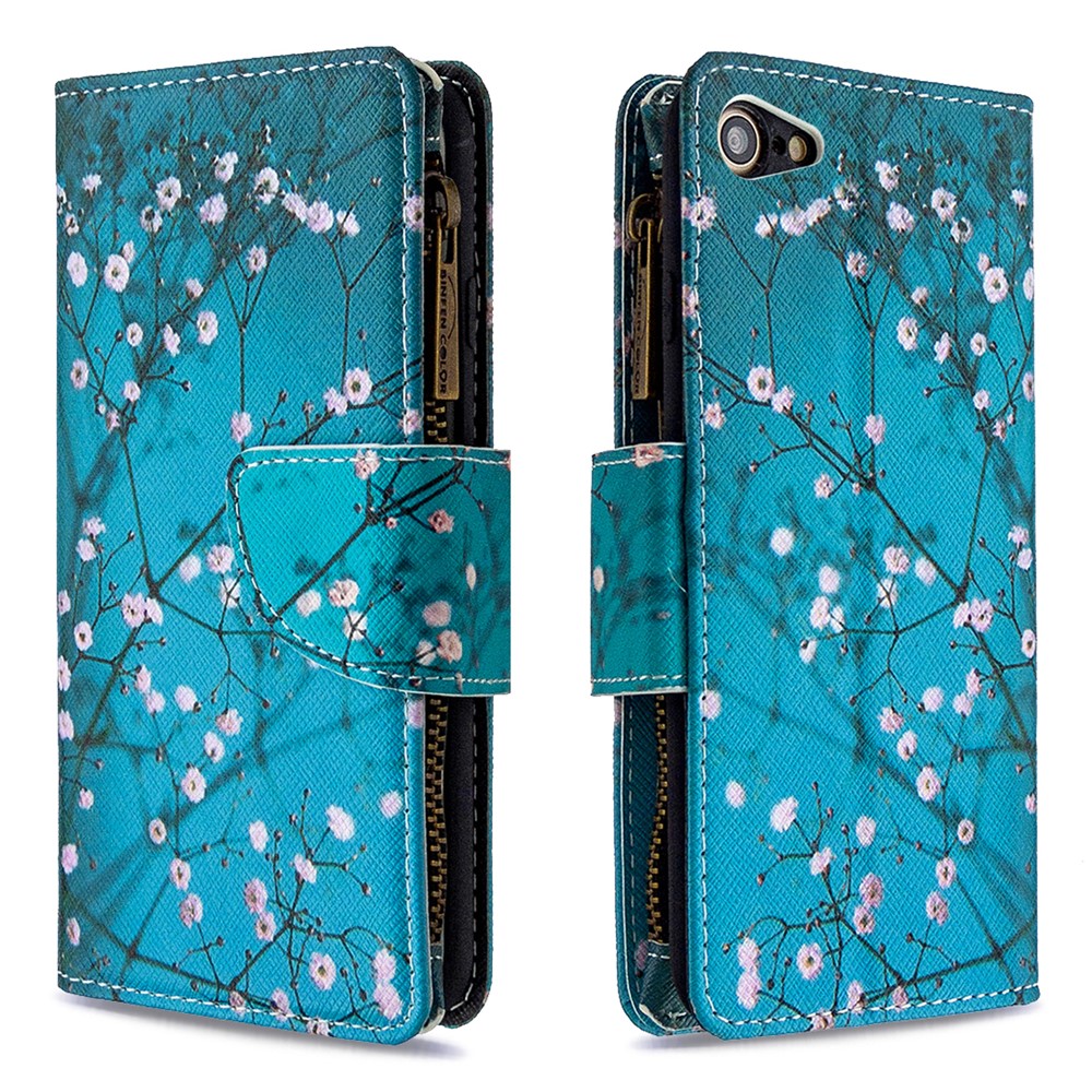 BF03 Pattern Printing Zipper Wallet Leather Phone Shell for iPhone SE (2nd Generation)/8/7 - Plum Blossom-6
