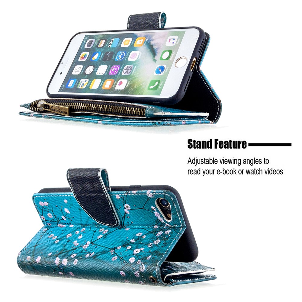 BF03 Pattern Printing Zipper Wallet Leather Phone Shell for iPhone SE (2nd Generation)/8/7 - Plum Blossom-7