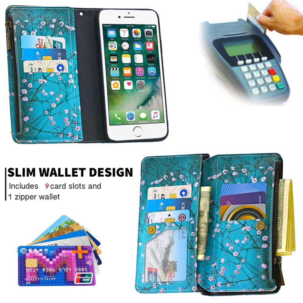 BF03 Pattern Printing Zipper Wallet Leather Phone Shell for iPhone SE (2nd Generation)/8/7 - Plum Blossom-8