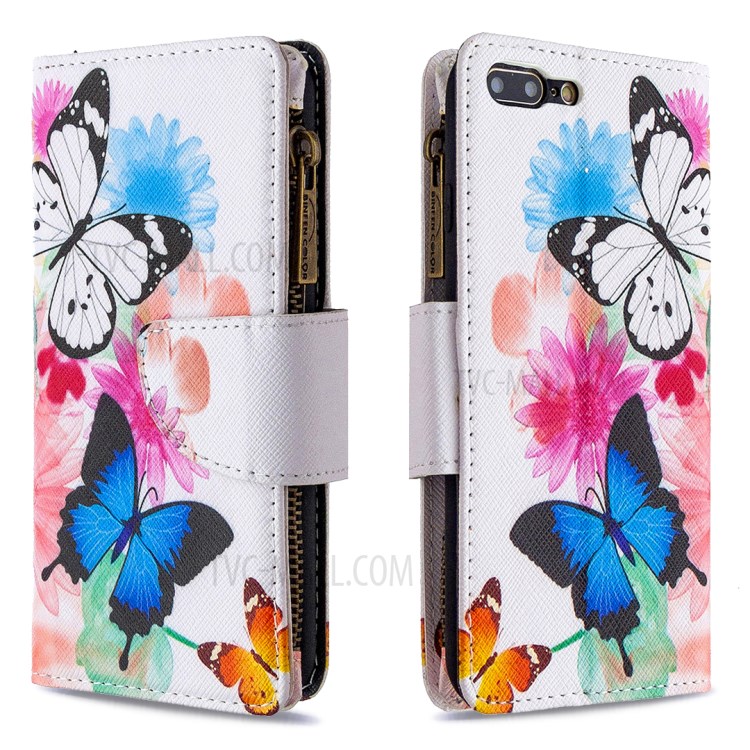 Patrón BF03 Impresión Carcasa De Teléfono Cuero De La Carpeta De La Cremallera Para El IPhone 8 Plus / 7 Además De 5,5 Pulgadas - Azul Y Blanca De La Mariposa-4