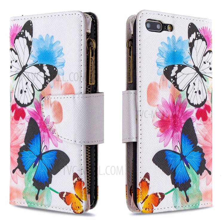 BF03 Pattern Printing Zipper Wallet Leather Phone Casing for iPhone 8 Plus/7 Plus 5.5 inch - Blue and White Butterfly-4