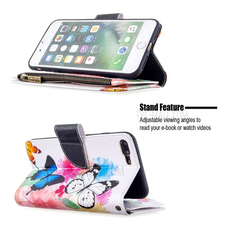 Patrón BF03 Impresión Carcasa De Teléfono Cuero De La Carpeta De La Cremallera Para El IPhone 8 Plus / 7 Además De 5,5 Pulgadas - Azul Y Blanca De La Mariposa-5