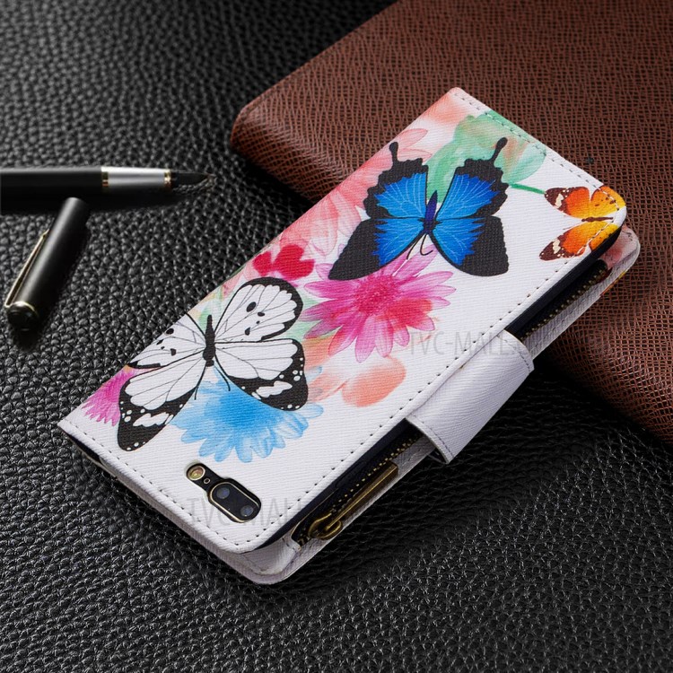 Patrón BF03 Impresión Carcasa De Teléfono Cuero De La Carpeta De La Cremallera Para El IPhone 8 Plus / 7 Además De 5,5 Pulgadas - Azul Y Blanca De La Mariposa-8