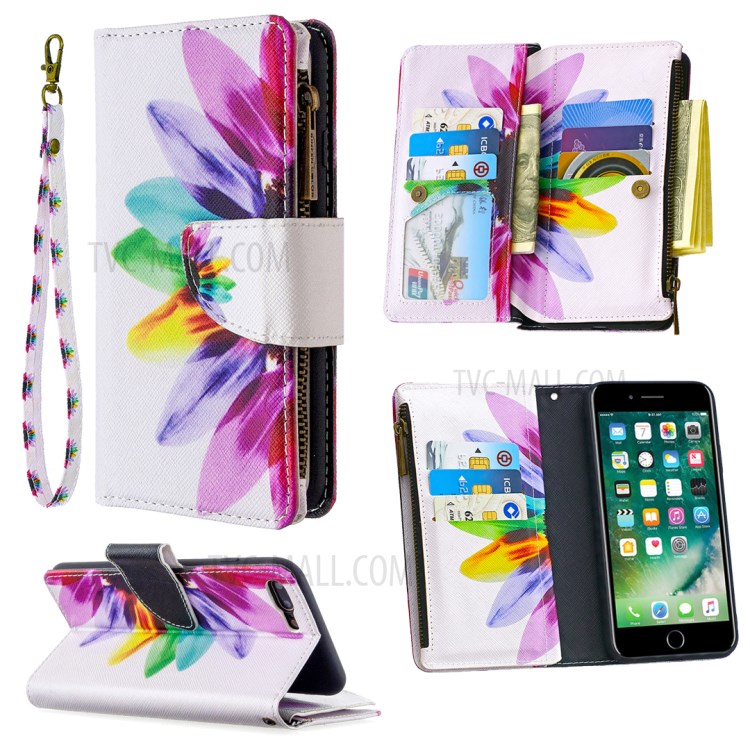 BF03 Pattern Printing Zipper Wallet Leather Phone Casing for iPhone 8 Plus/7 Plus 5.5 inch - Colorful Petals-1