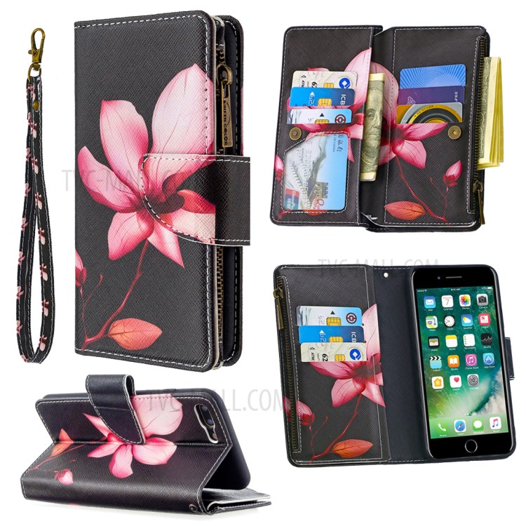 BF03 Pattern Printing Zipper Wallet Leather Phone Casing for iPhone 8 Plus/7 Plus 5.5 inch - Flower-1