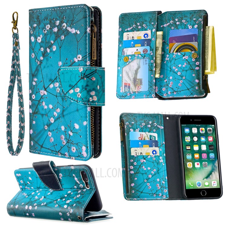 BF03 Pattern Printing Zipper Wallet Leather Phone Casing for iPhone 8 Plus/7 Plus 5.5 inch - Plum Blossom-1