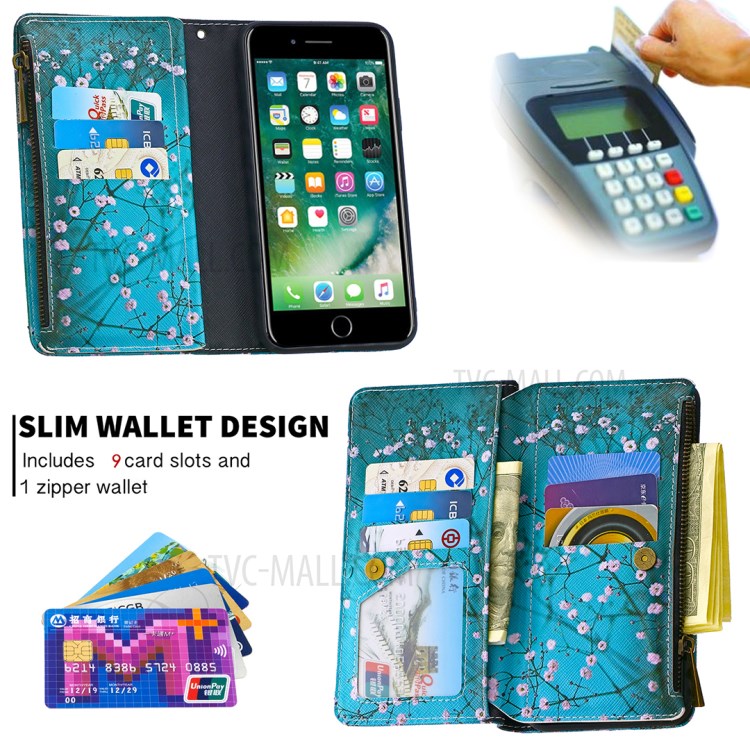 BF03 Pattern Printing Zipper Wallet Leather Phone Casing for iPhone 8 Plus/7 Plus 5.5 inch - Plum Blossom-6