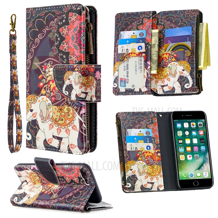 BF03 Pattern Printing Zipper Wallet Leather Phone Casing for iPhone 8 Plus/7 Plus 5.5 inch - Elephant-1