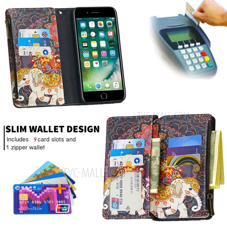 BF03 Pattern Printing Zipper Wallet Leather Phone Casing for iPhone 8 Plus/7 Plus 5.5 inch - Elephant-6