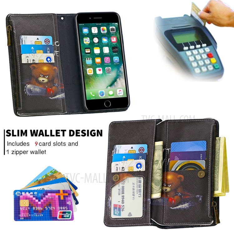 BF03 Pattern Printing Zipper Wallet Leather Phone Casing for iPhone 8 Plus/7 Plus 5.5 inch - Fierce Bear-6
