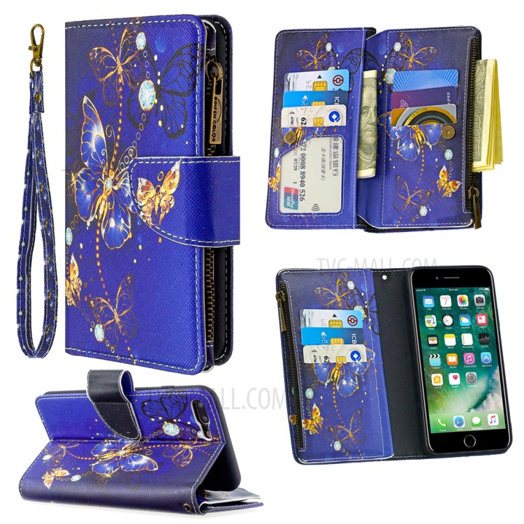 BF03 Pattern Printing Zipper Wallet Leather Phone Casing for iPhone 8 Plus/7 Plus 5.5 inch - Gold Butterfly-1